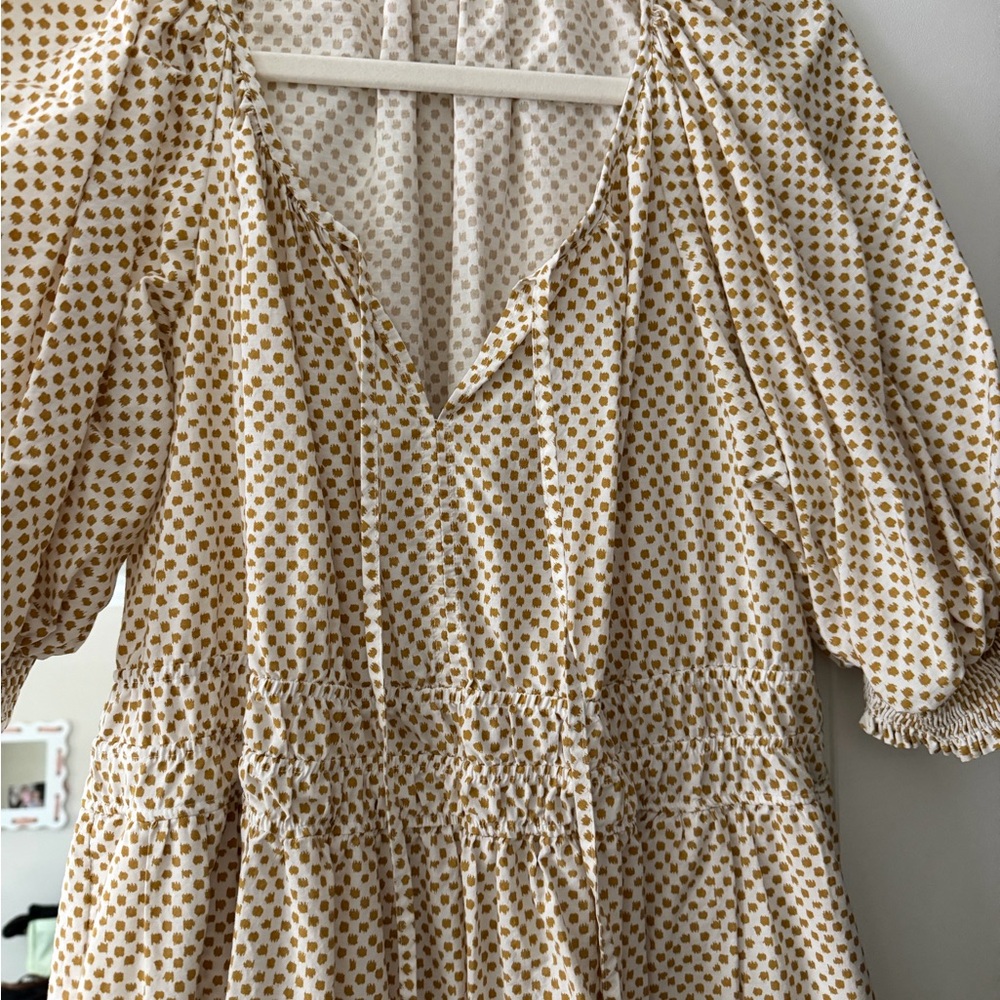 Anthropologie Cream and tan print Tiered Maxi Dress with Puff Sleeves - Picture 3 of 5